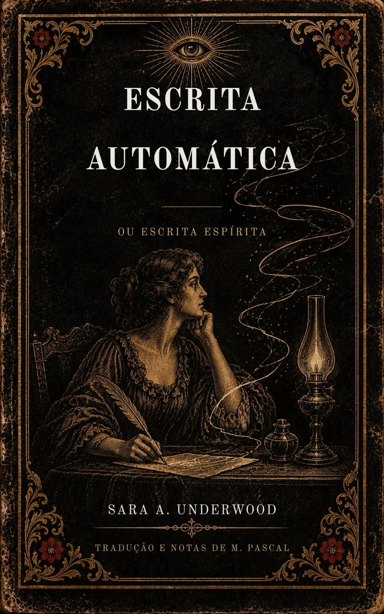 Capa de Escrita Automática, de Sara A. Underwood: mulher escrevendo com uma pena à luz de um lampião, com fumaça dourada ao fundo.