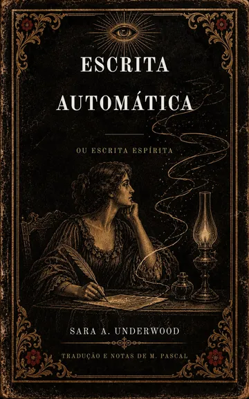 Capa de Escrita Automática, de Sara A. Underwood: mulher escrevendo com uma pena à luz de um lampião, com fumaça dourada ao fundo.