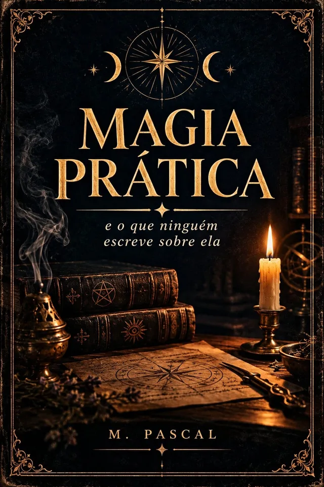 Capa de Magia Prática, de M. Pascal: livros antigos, vela acesa, incensário e pergaminho com rosa dos ventos sobre uma mesa de madeira.
