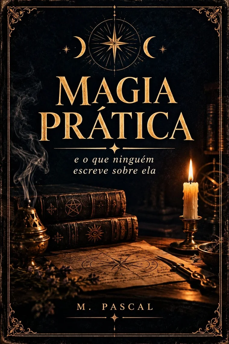 Capa de Magia Prática, de M. Pascal: livros antigos, vela acesa, incensário e pergaminho com rosa dos ventos sobre uma mesa de madeira.
