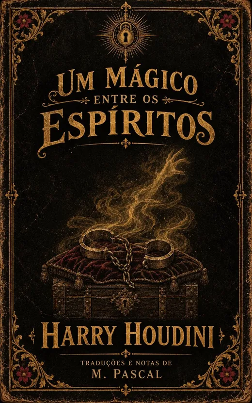 Capa de Um Mágico entre os Espíritos, de Harry Houdini: algemas abertas sobre um baú, com fumaça dourada em forma de mão.