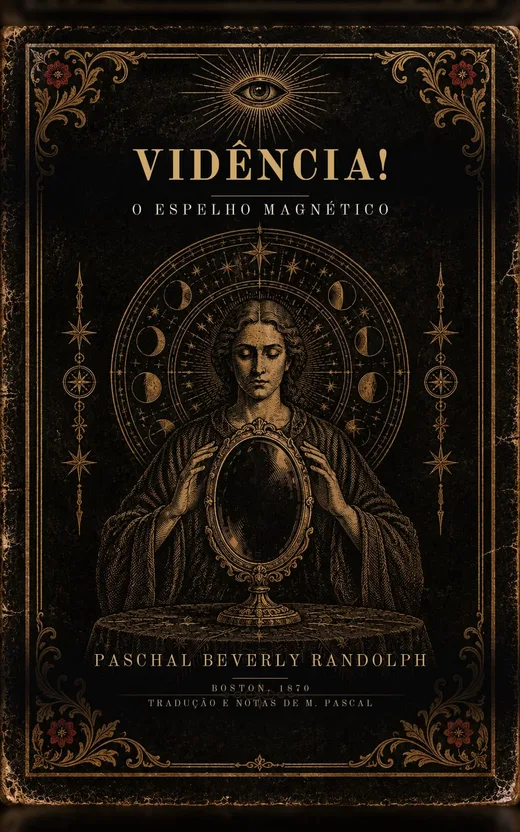 Capa de Vidência! O Espelho Magnético, de Paschal Beverly Randolph: figura com as mãos ao redor de um espelho oval, sob um halo de fases da lua.
