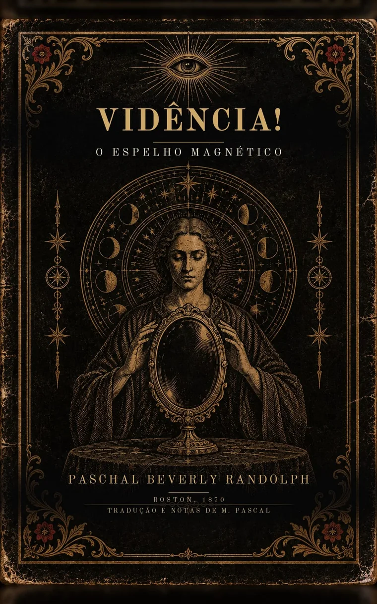 Capa de Vidência! O Espelho Magnético, de Paschal Beverly Randolph: figura com as mãos ao redor de um espelho oval, sob um halo de fases da lua.