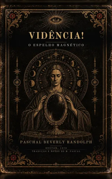 Capa de Vidência! O Espelho Magnético, de Paschal Beverly Randolph: figura com as mãos ao redor de um espelho oval, sob um halo de fases da lua.